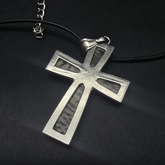 Pink Zebra Jasper Cross Pendant Necklace on Black Cord - Picture 4 of 10